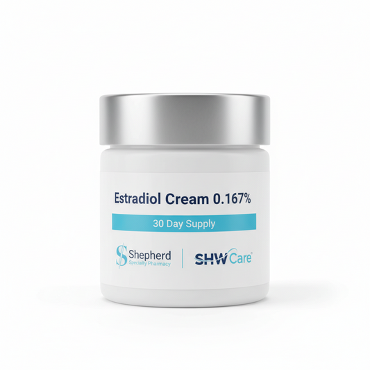 Estradiol cream container with 'Shepherd' and 'SHW Care' branding on a white background
