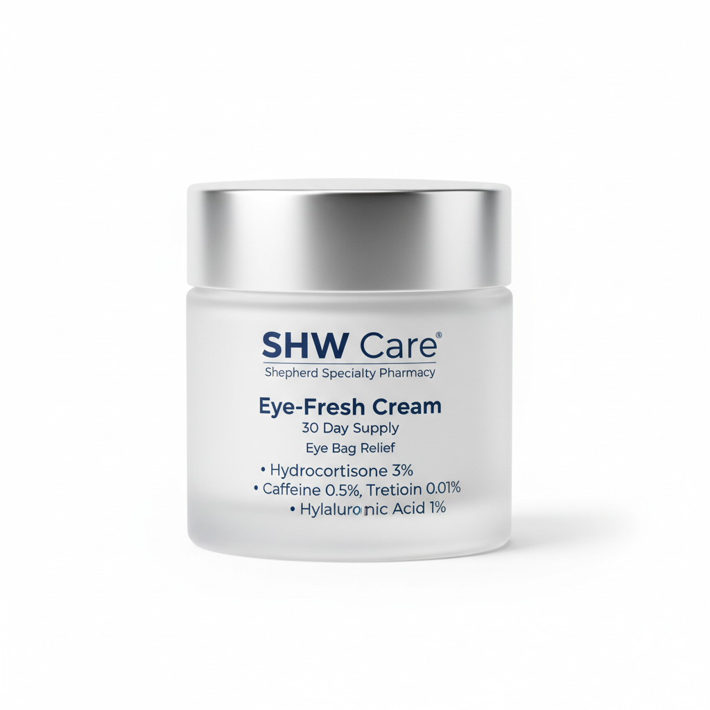 Product Name : Eye-Fresh Cream 30 Day Supply
Description: Eye Bag Relief-Topical Cream (Hydrocortisone 3% / Caffeine 0.5% / Tretinoin 0.01% / Hyaluronic Acid 1%),
Name Of The Pharmacy: Shepherd Specialty Pharmacy
Name Of the Store: SHW Care
Picture Ratio: 1:1 ( Square)