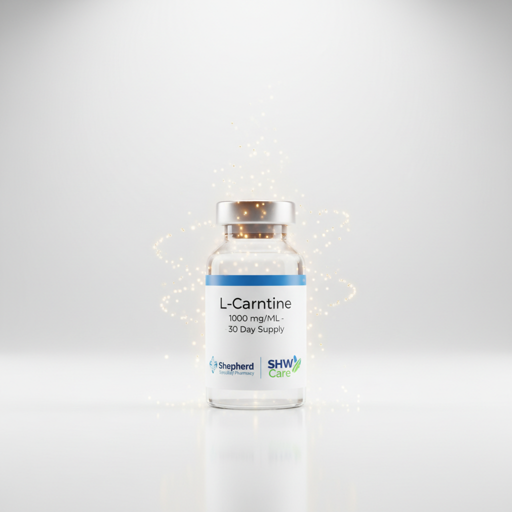 Bottle of L-Carnitine supplement with Shepherd Health & Wellness branding on a light gray background