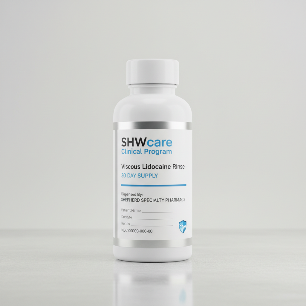 SHWcare Viscous Lidocaine Rinse bottle on a gray background