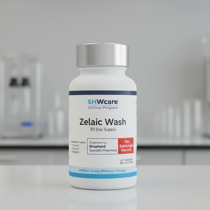 SHWcare Zelalic Wash bottle on a counter with a blurred background
