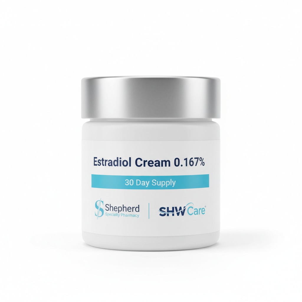 Estradiol cream container with 'Shepherd' and 'SHW Care' branding on a white background