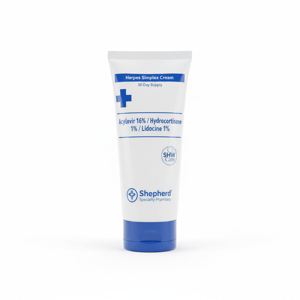 Product Name : Herpes Simplex Cream 30 Day Supply
Description: Viral Skin Infection-Topical Cream (Acyclovir 16% / Hydrocortisone 1% / Lidocaine 1%)
Name Of The Pharmacy: Shepherd Specialty Pharmacy
Name Of the Store: SHW Care
Picture Ratio: 1:1 ( Square)