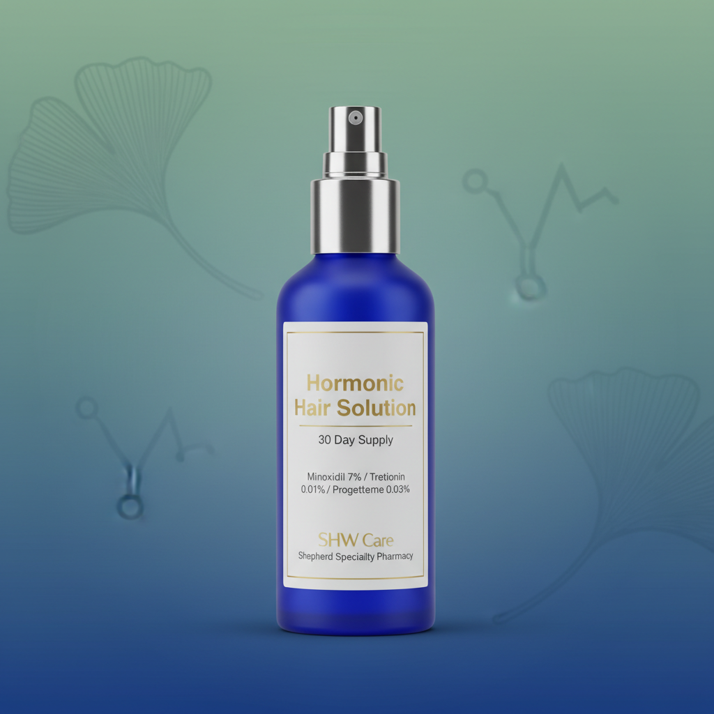 Blue bottle of Hormonic Hair Solution on a gradient background