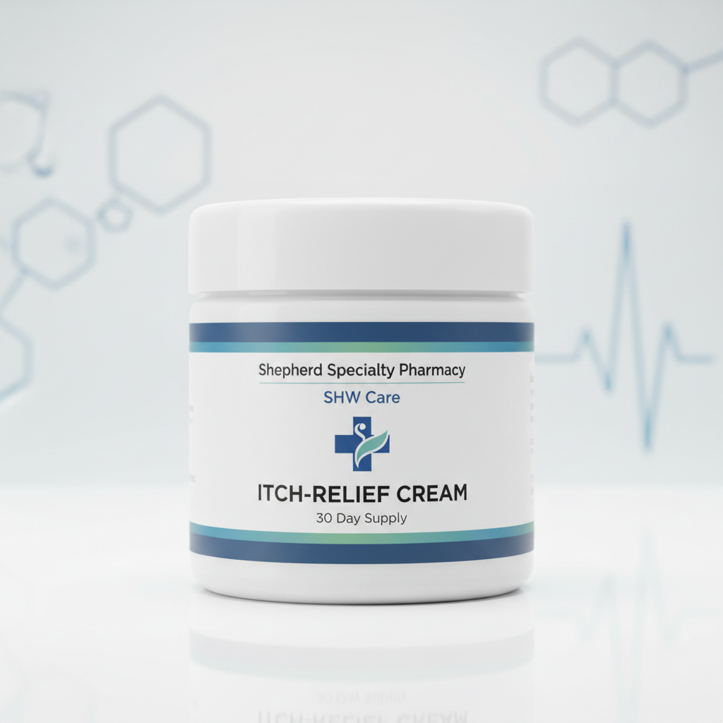 Jar of Itch-Relief Cream from Shepherd Specialty Pharmacy on a light gray background with medical design elements.