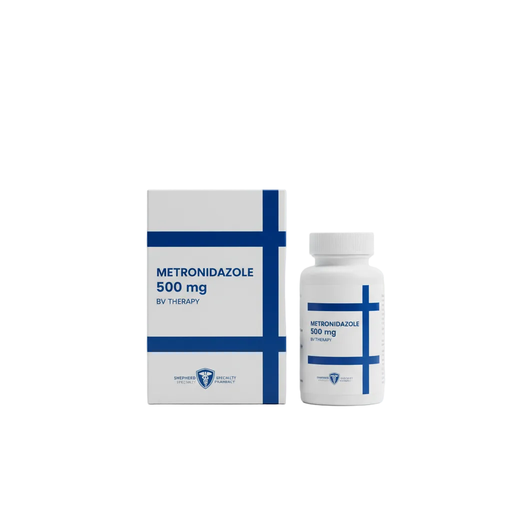 Metronidazole 500 mg packaging and bottle on a white background